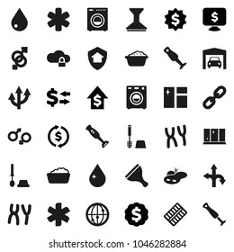 Flat vector icon set - scraper vector, water drop, car fetlock, window cleaning, toilet brush, foam basin, shining, blender, exchange, dollar growth, medal, monitor, route, internet, ambulance star