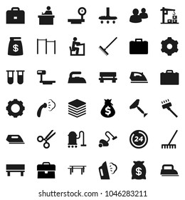 Flat vector icon set - scraper vector, vacuum cleaner, rake, iron, steaming, student, case, money bag, horizontal bar, big scales, group, vial, scissors, data, gear, bench, construction crane