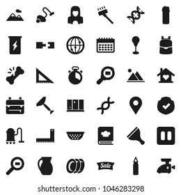 Flat vector icon set - scraper vector, vacuum cleaner, cleaning agent, plates, shining window, woman, colander, cook timer, cookbook, jug, corner ruler, backpack, punching bag, enegry drink, dna