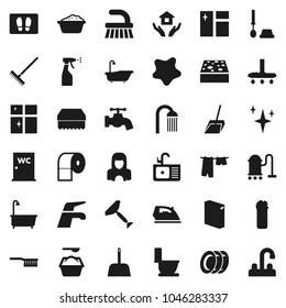 Flat vector icon set - scraper vector, water tap, vacuum cleaner, fetlock, scoop, rake, sponge, shining, window cleaning, splotch, welcome mat, iron, bath, toilet, drying clothes, brush, foam basin