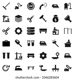 Flat vector icon set - scraper vector, vacuum cleaner, rake, iron, steaming, student, money bag, case, horizontal bar, big scales, vial, scissors, data, gear, bench, construction crane, 24 hour