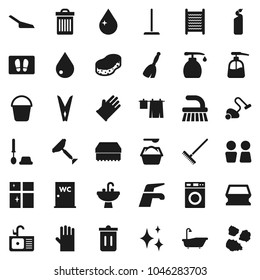 Flat vector icon set - scraper vector, broom, water tap, vacuum cleaner, fetlock, mop, rake, scoop, bucket, clothespin, sponge, trash bin, drop, shining, welcome mat, bath, drying clothes, washer