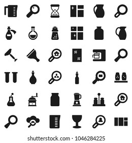 Flat vector icon set - scraper vector, window cleaning, shining, oil, measuring cup, hand mill, spices, jug, jar, magnifier, glass, cargo search, flask, vial, sand clock, potion, cloud, estate