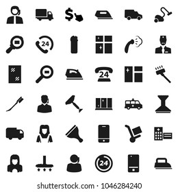 Flat vector icon set - scraper vector, vacuum cleaner, car fetlock, window cleaning, iron, steaming, agent, shining, woman, dollar cursor, phone 24, support, delivery, cargo search, mobile, doctor