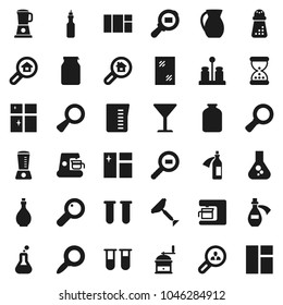 Flat vector icon set - scraper vector, window cleaning, shining, oil, measuring cup, hand mill, spices, jug, jar, magnifier, flask, glass, cargo search, vial, sand clock, potion, estate, client