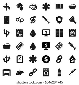 Flat vector icon set - scraper vector, water drop, window cleaning, washer, foam basin, shining, blender, dollar growth, medal, monitor, bottle, route, ambulance star, gender sign, pills blister