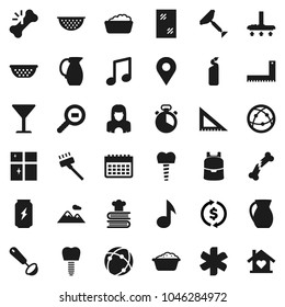 Flat vector icon set - scraper vector, vacuum cleaner, window cleaning, foam basin, agent, shining, woman, colander, cook timer, ladle, cookbook, jug, corner ruler, backpack, music, exchange, glass