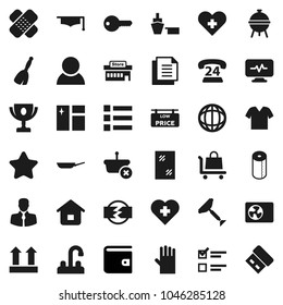 Flat vector icon set - scraper vector, broom, window cleaning, rubber glove, toilet paper, water tap, pan, bbq, graduate hat, award cup, world, exam, wallet, heart cross, phone 24, client, port, key