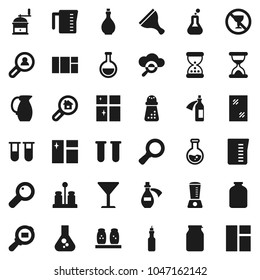 Flat vector icon set - scraper vector, window cleaning, shining, oil, measuring cup, hand mill, spices, jug, jar, magnifier, flask, no alcohol sign, glass, cargo search, vial, sand clock, potion