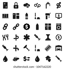 Flat vector icon set - scraper vector, water drop, car fetlock, window cleaning, toilet brush, washer, shining, blender, exchange, dollar medal, monitor, bottle, route, ambulance star, gender sign