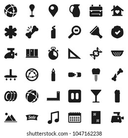 Flat vector icon set - scraper vector, vacuum cleaner, window cleaning, agent, plates, shining, colander, cook timer, jug, corner ruler, backpack, music, punching bag, calendar, glass, protected