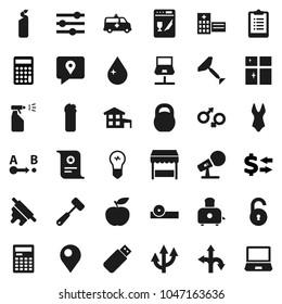 Flat vector icon set - scraper vector, water drop, sprayer, cleaning agent, shining window, rolling pin, meat hammer, toaster, calculator, certificate, exchange, diet, clipboard, weight, swimsuite