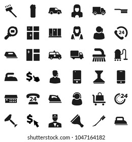 Flat vector icon set - scraper vector, vacuum cleaner, fetlock, car, window cleaning, iron, agent, shining, woman, dollar cursor, phone 24, support, delivery, cargo search, mobile, doctor, hour