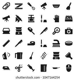 Flat vector icon set - scraper vector, broom, fetlock, sponge, steaming, toilet brush, rubber glove, pan, colander, measuring cup, cook press, whisk, rolling pin, double boiler, blender, sieve, pen