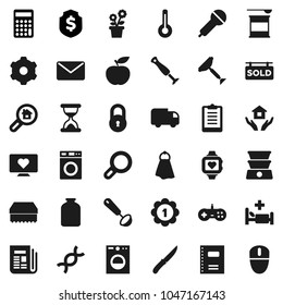 Flat vector icon set - scraper vector, sponge, towel, washer, house hold, ladle, knife, jar, copybook, calculator, dollar shield, diet, clipboard, medal, sports nutrition, heart monitor, microphone