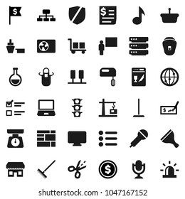 Flat vector icon set - scraper vector, mop, rake, scales, apron, blackboard, music, exam, dollar coin, check, flag, hierarchy, traffic light, receipt, port, consolidated cargo, protected, microphone