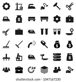 Flat vector icon set - scraper vector, vacuum cleaner, rake, iron, steaming, student, case, money bag, big scales, group, vial, scissors, data, gear, bench, construction crane, 24 hour
