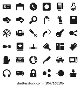 Flat vector icon set - scraper vector, window cleaning, steaming, rubber glove, cook, whisk, knife, microwave oven, cookbook, copybook, compass, world, flask, pool, antenna, touchscreen, headphones