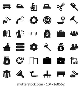 Flat vector icon set - scraper vector, vacuum cleaner, iron, steaming, student, case, money bag, horizontal bar, big scales, group, scissors, data, gear, bench, construction crane, 24 hour