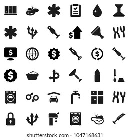 Flat vector icon set - scraper vector, water drop, car fetlock, toilet brush, washer, foam basin, shining window, blender, exchange, dollar growth, medal, monitor, bottle, route, internet, arrow