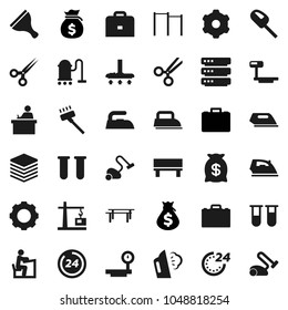 Flat vector icon set - scraper vector, vacuum cleaner, iron, steaming, student, case, money bag, horizontal bar, big scales, vial, scissors, data, gear, bench, construction crane, 24 hour