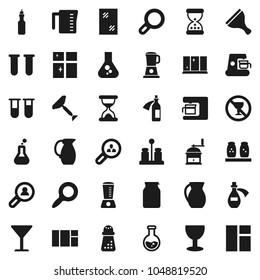 Flat vector icon set - scraper vector, window cleaning, shining, measuring cup, hand mill, spices, jug, jar, oil, magnifier, flask, no alcohol sign, glass, vial, sand clock, potion, client search