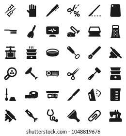 Flat vector icon set - scraper vector, broom, fetlock, sponge, steaming, toilet brush, rubber glove, measuring cup, cook press, whisk, rolling pin, meat hammer, cutting board, grater, double boiler