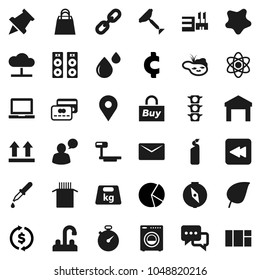 Flat vector icon set - scraper vector, splotch, cleaning agent, water tap, pasta, atom, notebook pc, paper pin, compass, leaf, exchange, pie graph, cent sign, stopwatch, map, traffic light, top, buy