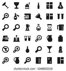 Flat vector icon set - scraper vector, window cleaning, shining, oil, measuring cup, hand mill, spices, jug, jar, flask, no alcohol sign, glass, cargo search, vial, magnifier, sand clock, potion