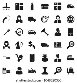 Flat vector icon set - scraper vector, vacuum cleaner, fetlock, car, window cleaning, iron, steaming, agent, shining, woman, dollar cursor, phone 24, support, delivery, cargo search, mobile, doctor