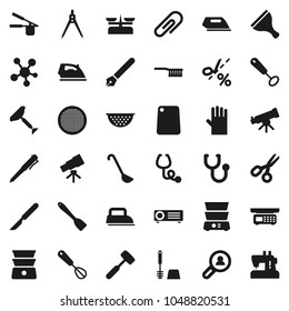 Flat vector icon set - scraper vector, fetlock, iron, toilet brush, rubber glove, colander, cook press, whisk, spatula, ladle, meat hammer, cutting board, double boiler, sieve, pen, drawing compass