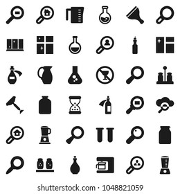Flat vector icon set - scraper vector, window cleaning, shining, oil, measuring cup, spices, jug, jar, magnifier, flask, no alcohol sign, cargo search, vial, sand clock, potion, cloud glass, estate