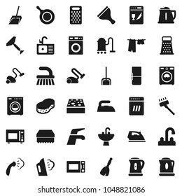 Flat vector icon set - scraper vector, broom, water tap, vacuum cleaner, fetlock, scoop, sponge, iron, steaming, drying clothes, washer, sink, pan, kettle, grater, microwave oven, fridge, dishwasher