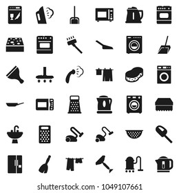 Flat vector icon set - scraper vector, broom, vacuum cleaner, scoop, sponge, steaming, drying clothes, washer, sink, pan, kettle, colander, grater, microwave oven, fridge, dishwasher