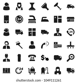 Flat vector icon set - scraper vector, vacuum cleaner, fetlock, car, window cleaning, iron, steaming, agent, shining, woman, dollar cursor, phone 24, support, delivery, cargo search, mobile, doctor