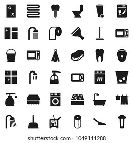 Flat vector icon set - scraper vector, cleaner trolley, mop, scoop, bucket, sponge, trash bin, window cleaning, toilet, drying clothes, washer, liquid soap, shining, paper, shower, towel, tooth