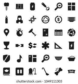 Flat vector icon set - scraper vector, vacuum cleaner, window cleaning, foam basin, plates, shining, woman, colander, cook timer, ladle, cookbook, corner ruler, music, exchange, punching bag, glass