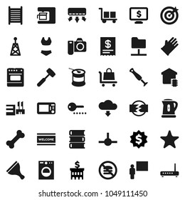 Flat vector icon set - scraper vector, welcome mat, rubber glove, washboard, kettle, meat hammer, book, blackboard, bank building, dollar medal, monitor, swimsuite, sports nutrition, no fastfood