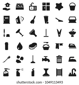 Flat vector icon set - scraper vector, broom, mop, scoop, bucket, clothespin, sponge, trash bin, water drop, tap, car fetlock, splotch, iron, steaming, drying clothes, toilet brush, washing powder