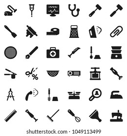 Flat vector icon set - scraper vector, rake, iron, steaming, toilet brush, colander, cook press, whisk, spatula, rolling pin, meat hammer, grater, double boiler, blender, sieve, pen, ruler, crutches