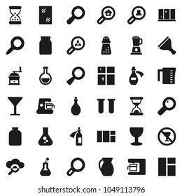 Flat vector icon set - scraper vector, window cleaning, shining, oil, measuring cup, hand mill, jug, jar, magnifier, flask, no alcohol sign, glass, vial, sand clock, potion, cloud, search estate