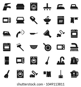Flat vector icon set - scraper vector, broom, water tap, vacuum cleaner, fetlock, scoop, sponge, iron, steaming, drying clothes, washer, sink, pan, kettle, colander, microwave oven, fridge