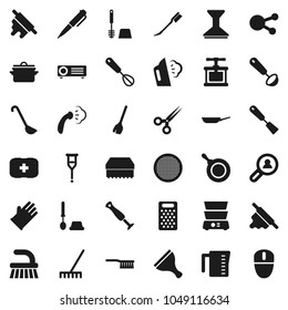 Flat vector icon set - scraper vector, broom, fetlock, rake, sponge, car, steaming, toilet brush, rubber glove, pan, measuring cup, cook press, whisk, spatula, ladle, rolling pin, grater, sieve, pen
