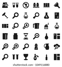 Flat vector icon set - scraper vector, window cleaning, shining, oil, measuring cup, hand mill, spices, jug, jar, magnifier, flask, no alcohol sign, glass, cargo search, vial, sand clock, potion