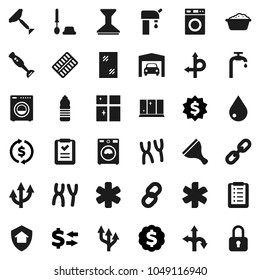 Flat vector icon set - scraper vector, water drop, car fetlock, window cleaning, toilet brush, washer, foam basin, shining, blender, exchange, dollar medal, bottle, route, ambulance star, chain