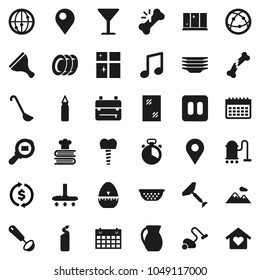 Flat vector icon set - scraper vector, vacuum cleaner, window cleaning, agent, plates, shining, colander, cook timer, ladle, cookbook, jug, backpack, music, exchange, punching bag, calendar, glass