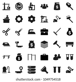 Flat vector icon set - scraper vector, vacuum cleaner, rake, iron, student, money bag, case, horizontal bar, big scales, group, vial, scissors, data, gear, bench, construction crane, 24 hour