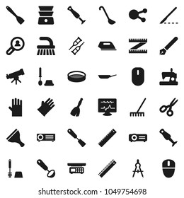 Flat vector icon set - scraper vector, broom, fetlock, rake, toilet brush, rubber glove, pan, spatula, ladle, double boiler, blender, sieve, pen, ruler, drawing compass, telescope, scissors, scalpel