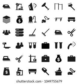 Flat vector icon set - scraper vector, vacuum cleaner, rake, iron, steaming, student, case, money bag, horizontal bar, big scales, group, vial, scissors, data, bench, construction crane