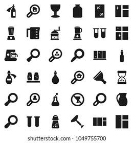 Flat vector icon set - scraper vector, window cleaning, shining, oil, measuring cup, hand mill, spices, jug, jar, magnifier, no alcohol sign, glass, flask, vial, sand clock, potion, search estate